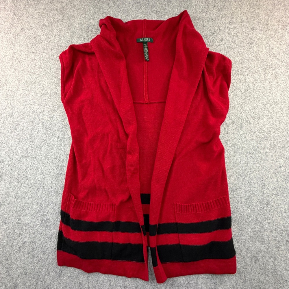 Lauren Ralph Lauren Red Black Striped Shawl Collar Sleeveless Cardigan Vest L/XL